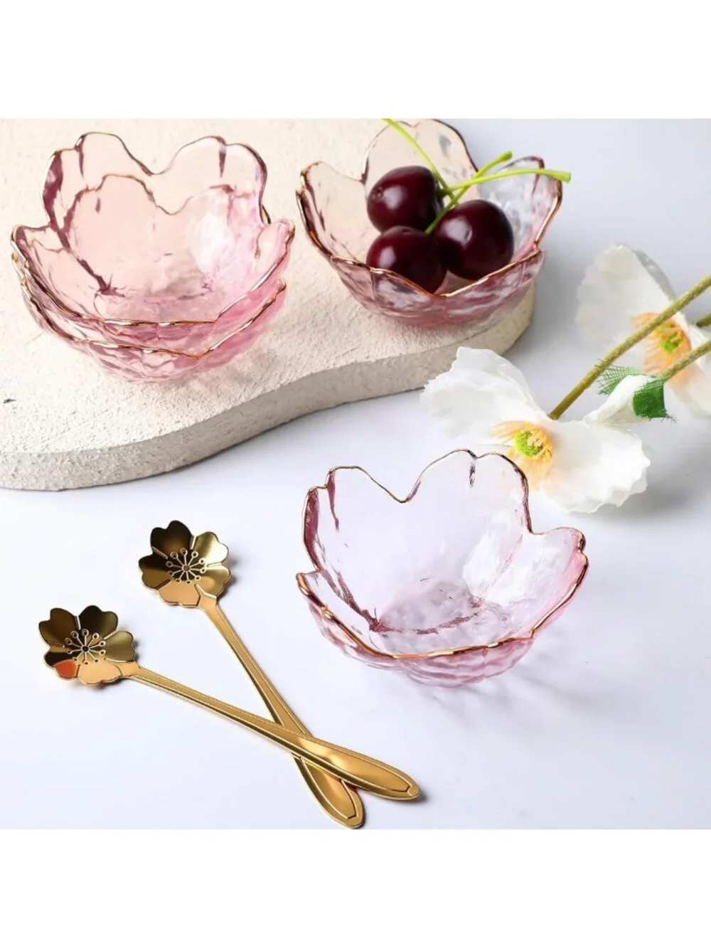 Set of 8 Mini Pink Cherry Blossom Bowls with Flower Spoons - Elegant Tableware